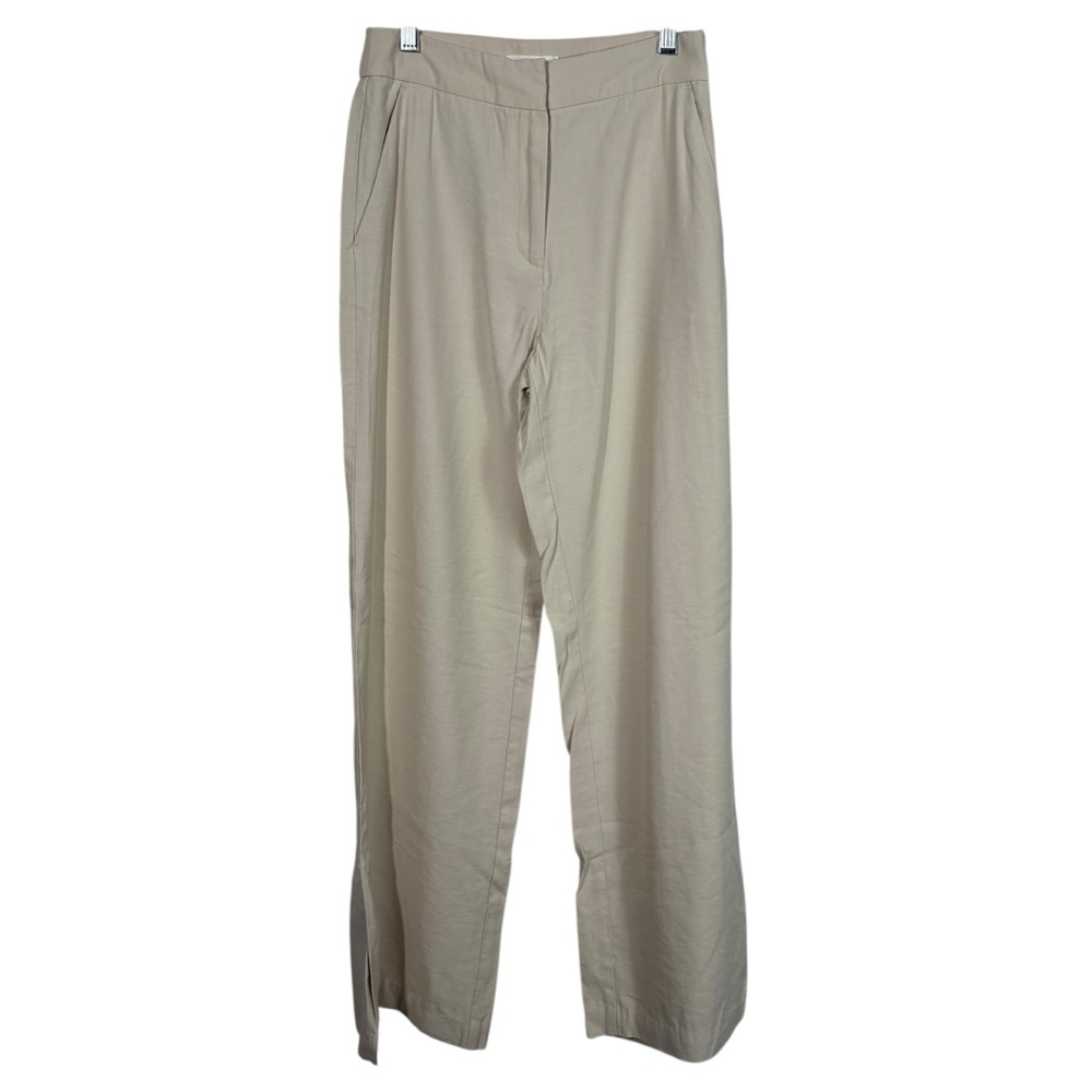 H&M Beige Tan Straight Leg High Waisted Flat Front Slack Dress Trouser Pants 4
